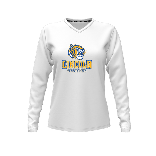 [CUS-DFW-TEES-CMF-VNK-LSL-WHT-FYXS-LOGO1] Decker Comfort T-Shirt (Female Youth XS, White, V Neck, Logo 1, Long Sleeve)