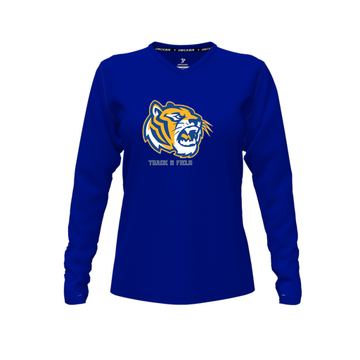 [CUS-DFW-TEES-CMF-VNK-LSL-RYL-FYXS-LOGO2] Decker Comfort T-Shirt (Female Youth XS, Royal, V Neck, Logo 2, Long Sleeve)