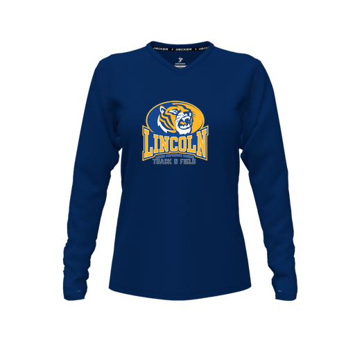 [CUS-DFW-TEES-PER-VNK-LSL-NVY-FYXS-LOGO3] Decker Performance T-Shirt (Female Youth XS, Navy, V Neck, Logo 3, Long Sleeve)