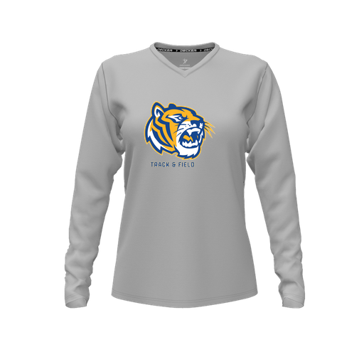[CUS-DFW-TEES-PER-VNK-LSL-GRY-FYXS-LOGO2] Decker Performance T-Shirt (Female Youth XS, Gray, V Neck, Logo 2, Long Sleeve)