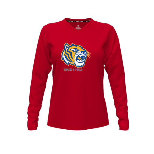 [CUS-DFW-TEES-CMF-VNK-LSL-RED-FYXS-LOGO2] Decker Comfort T-Shirt (Female Youth XS, Red, V Neck, Logo 2, Long Sleeve)