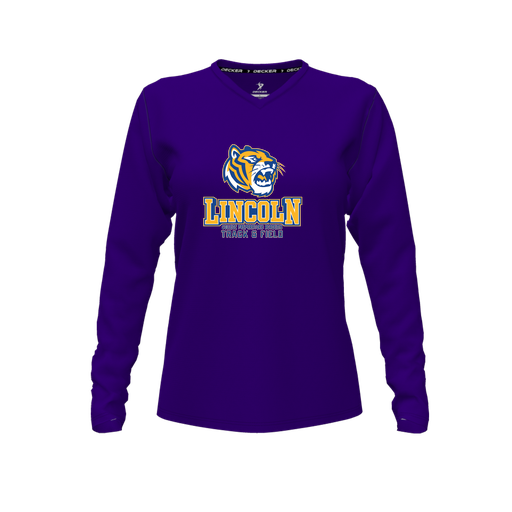 [CUS-DFW-TEES-CMF-VNK-LSL-PUR-FYXS-LOGO1] Decker Comfort T-Shirt (Female Youth XS, Purple, V Neck, Logo 1, Long Sleeve)